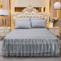 2022 princess bedding solid ruffled bed skirt pillowcases lace bed sheets mattress cover king queen full twin size bed cover