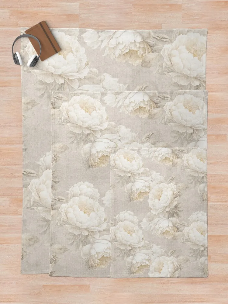 Большие пионы. Neutra бежевый цветочный винтажный декор для дома. Цветы бохо. Плед