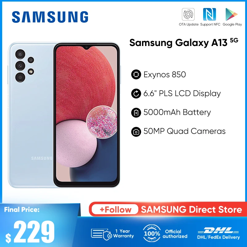 Original New Samsung Galaxy A13 5G Smartphone Android 12 Exynos 850 Octa-core 5000mAh Battery 15W Fast Charging Cellphone