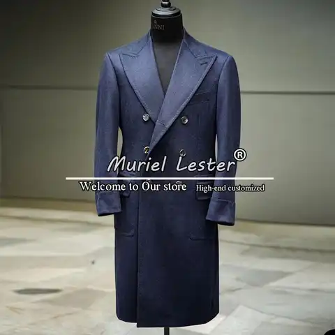 Мужской твидовый костюм из куртки и шерсти, темно-синяя Толстая длинная куртка с длинными рукавами, двубортный пиджак, индивидуальный пошив...