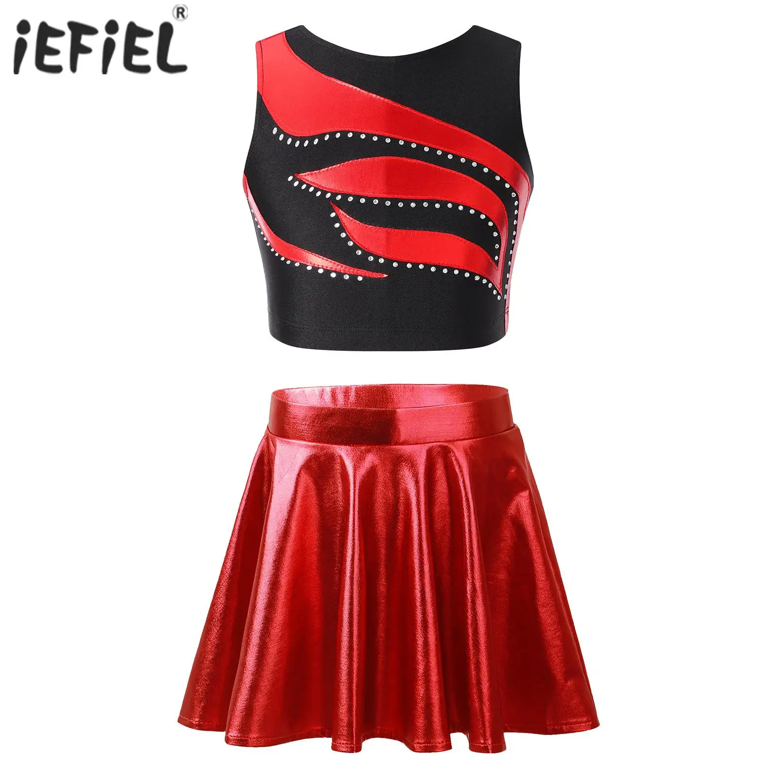 

Kids Girls Ballet Jazz Dance Outfit Cheerleading Costume Shiny Crop Top with Glossy Metallic Flared Ruffled A-Line Short Skirt