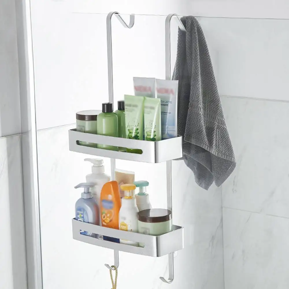 

2 Tiers Bathroom Kitchen Shelf Aluminum Alloy Frame Shower Shelves Shampoo Storage Rack Hanging Holder Toilet Bathroom Accessory
