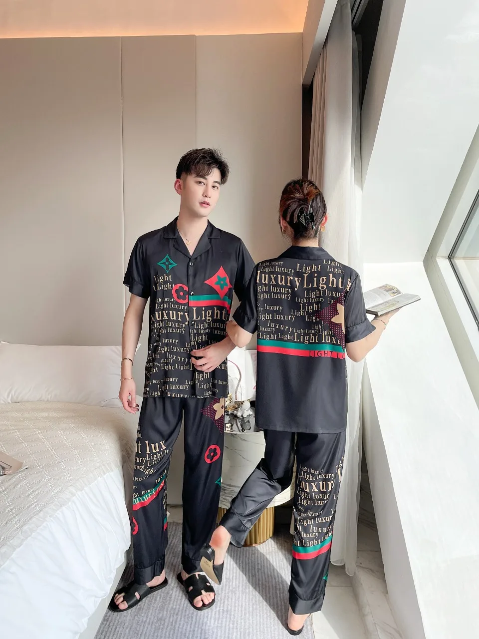[Women's pajamas] [high-quality]New Couple Pajamas Men and Women's Spring/Summer Simulated Silk Thin Sweet Home Fur Set