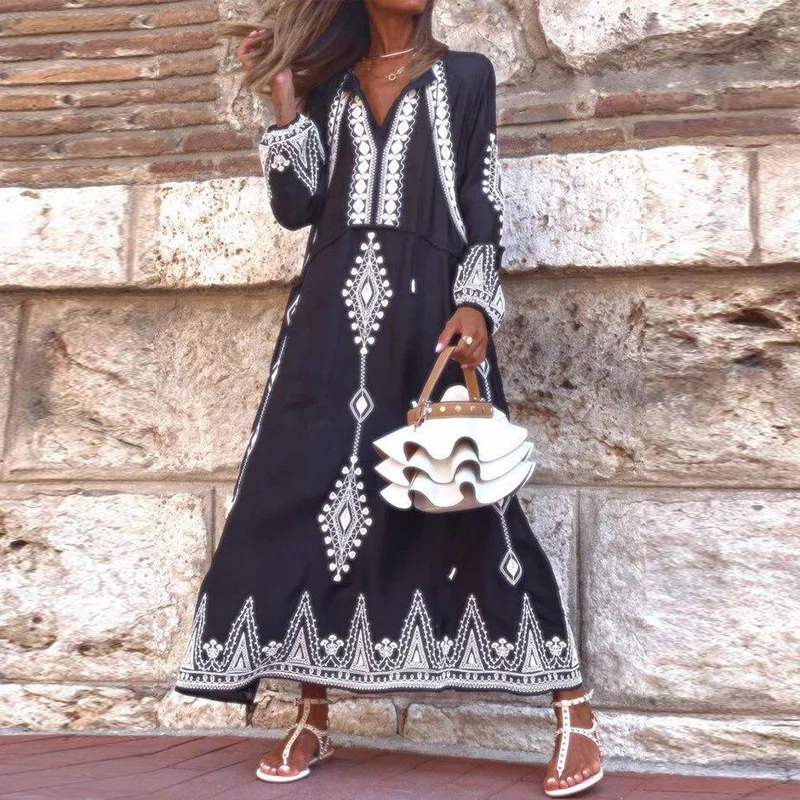 

Spring Vintage Casual Loose Boho Dress Women Fashion Geometry Print Pullover Long Dress Autumn Elegant Long Sleeve Beach Dresses