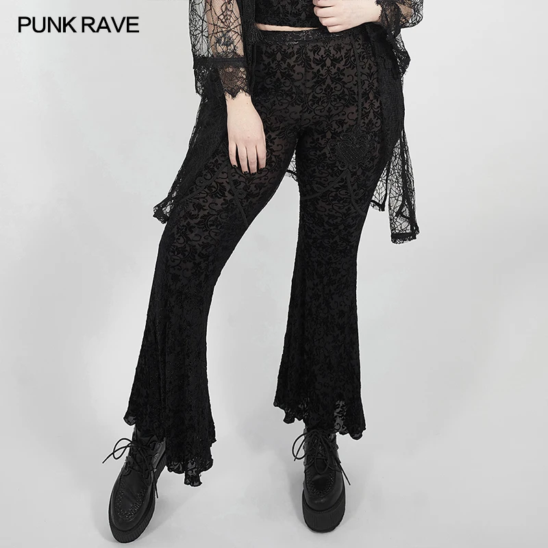 PUNK RAVE Dark Goth flared plus size pants for women Mesh cloth in printed rose gold velvet black solid color women’s legging