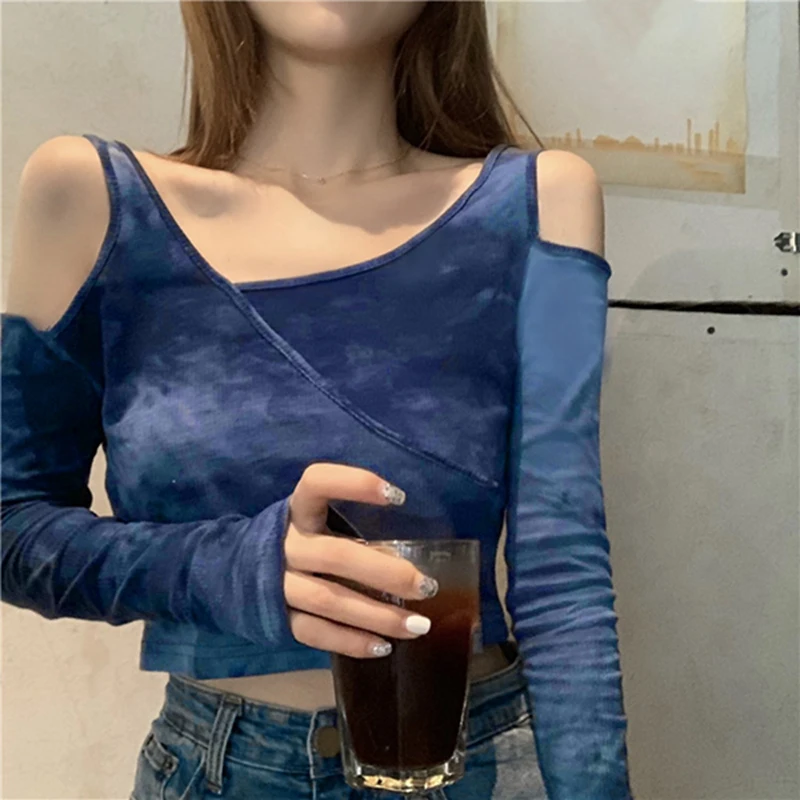 

ASDS-Korean Sexy Tie-Dye Design Strapless Long-Sleeve T-Shirt Blue One Size