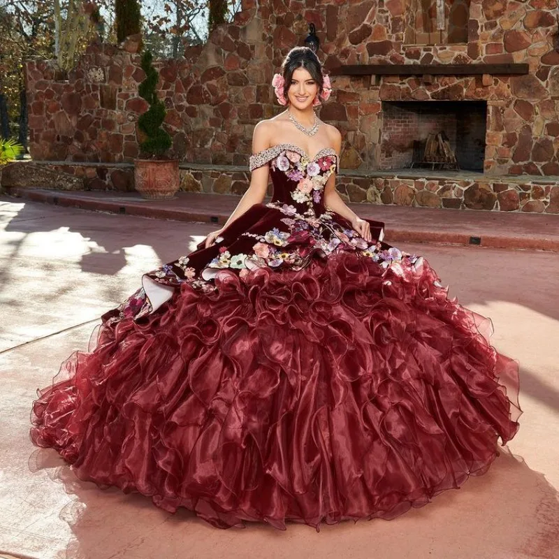 

Amazing Wine Red Shiny Sweetheart Bodice Medallions 3D Floral Applique Embroidery Tiered Skirt Charro Quinceanera Ball Gown Vest