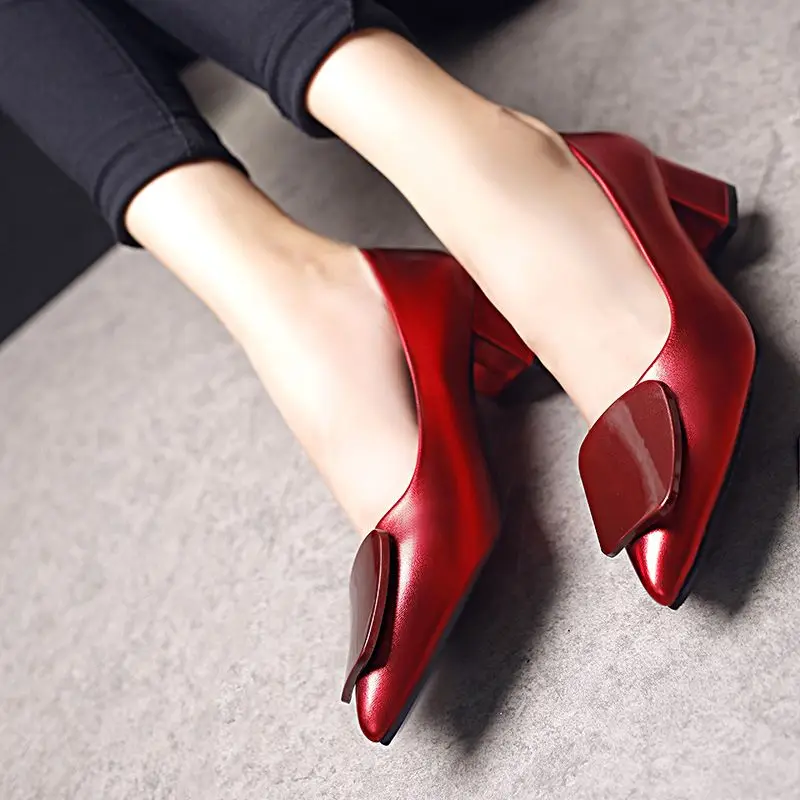 

Shoes for Woman 2023 Red Pointed Toe Women's Summer Footwear Office with Medium Heels Square Free Shipping and Low Price Trend E