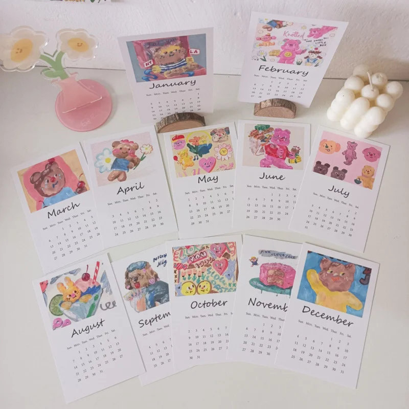 

2022 мультяшная картина маслом медведь Календарь Карта Милая открытка домашний декор Настенная Наклейка декоративная карта кавайная фоторе...