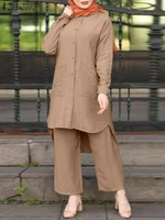 zanzea women spring muslim abaya kaftan suit side pocket pant elegant casual holiay sets long sleeve lapel solid color blouse