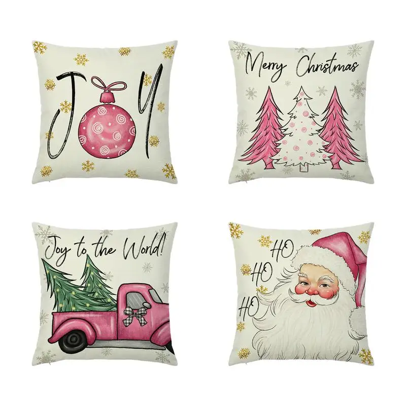 

Рождественская льняная наволочка, Рождественская наволочка для диванной подушки, льняная наволочка с розовым принтом, праздничное украшение, наволочка для дивана, домашняя подушка