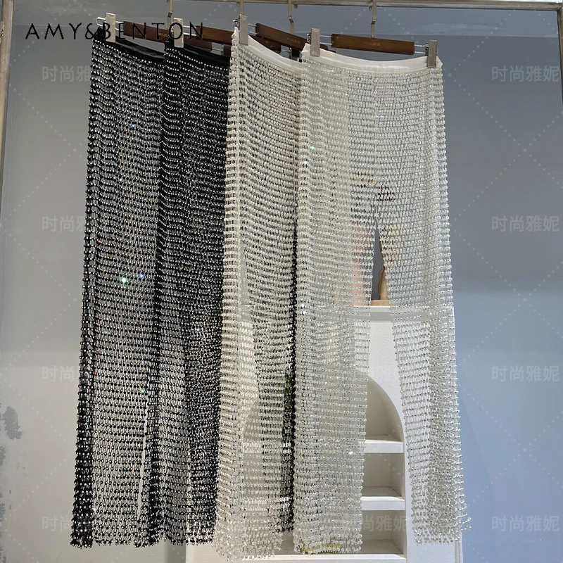 

European Style Slim-Fit Long Pants Black And White Colorful Crystals Loose Straight Net Drill Popular Diamond-Embedded Trousers