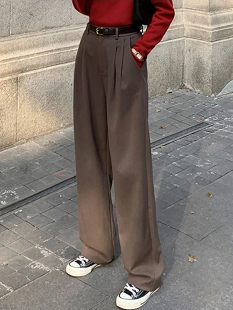 Брюки женские прямые с широкими штанинами винтажные коричневые повседневные