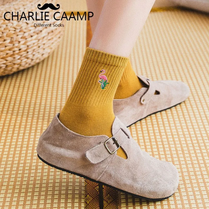 Женские хлопковые носки новые универсальные с вышивкой фламинго милые