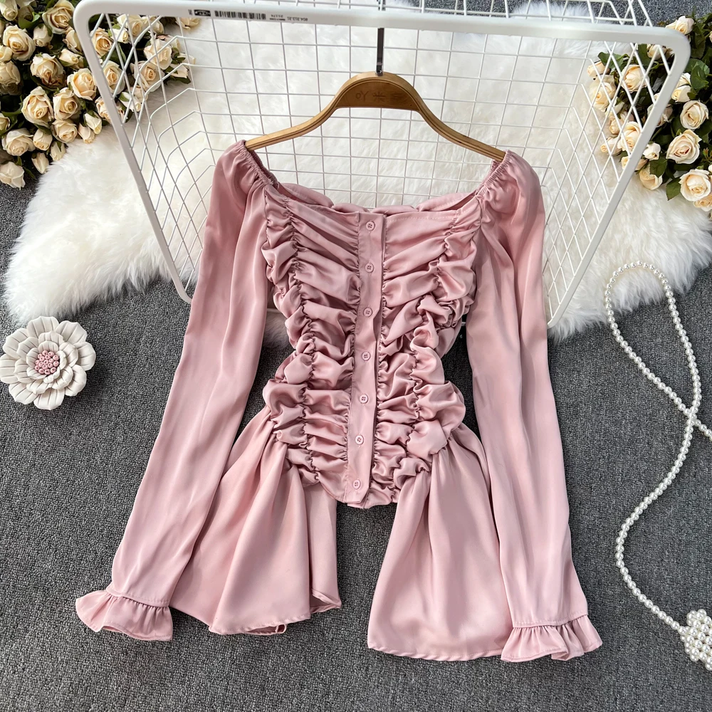 

New Waist Petal Design Square Neck Pleated Bell Sleeves Slim Slim Long Sleeve Top Women