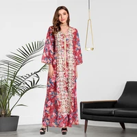 floral print long party dresses for women kaftan ramadan eid maxi robe modest elegant v neck dubai turkey arab fashion clothes