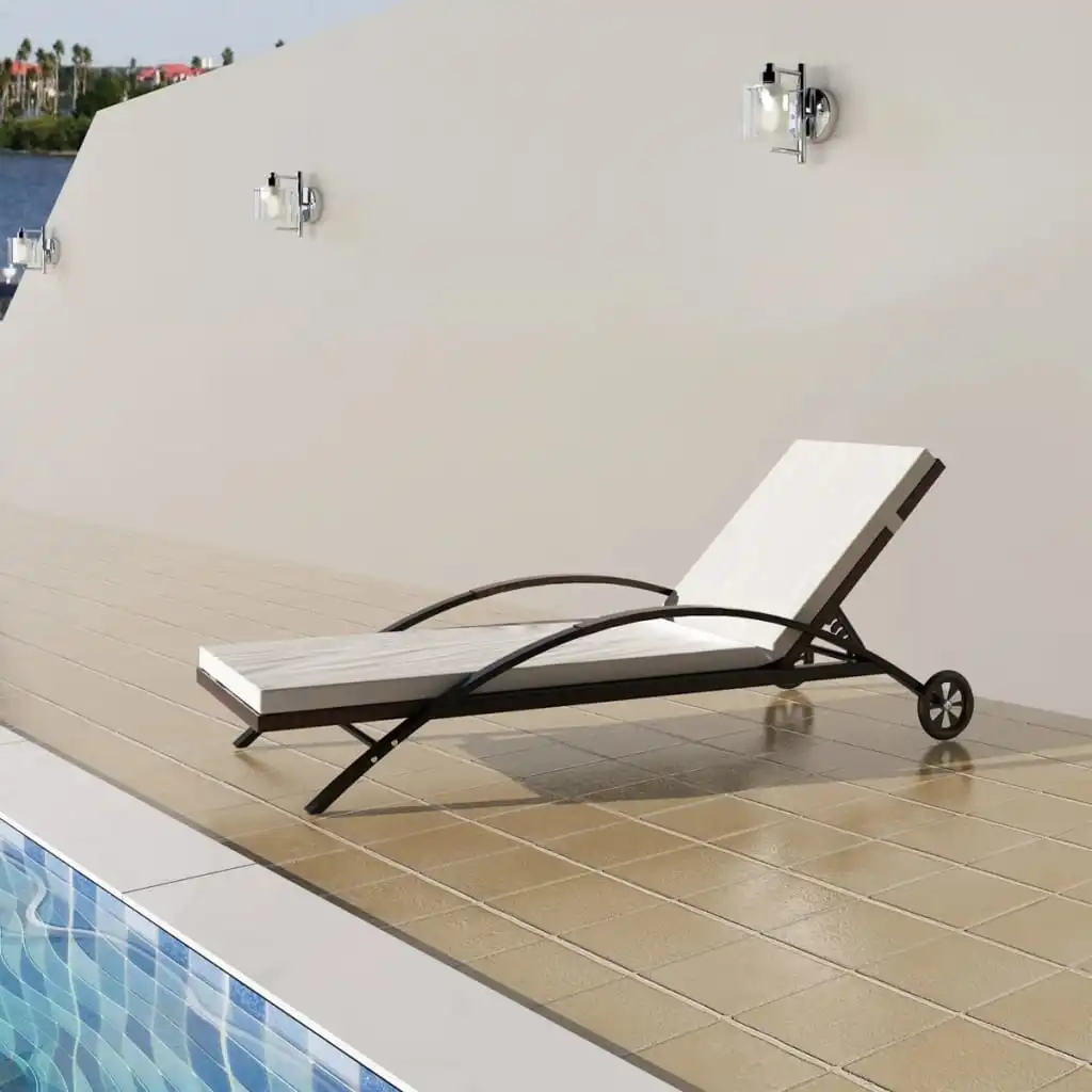 

Outdoor Patio Garden Sun Lounger Lounge Chairs Pool Outside Deck with Cushion & Wheels Poly Rattan Brown