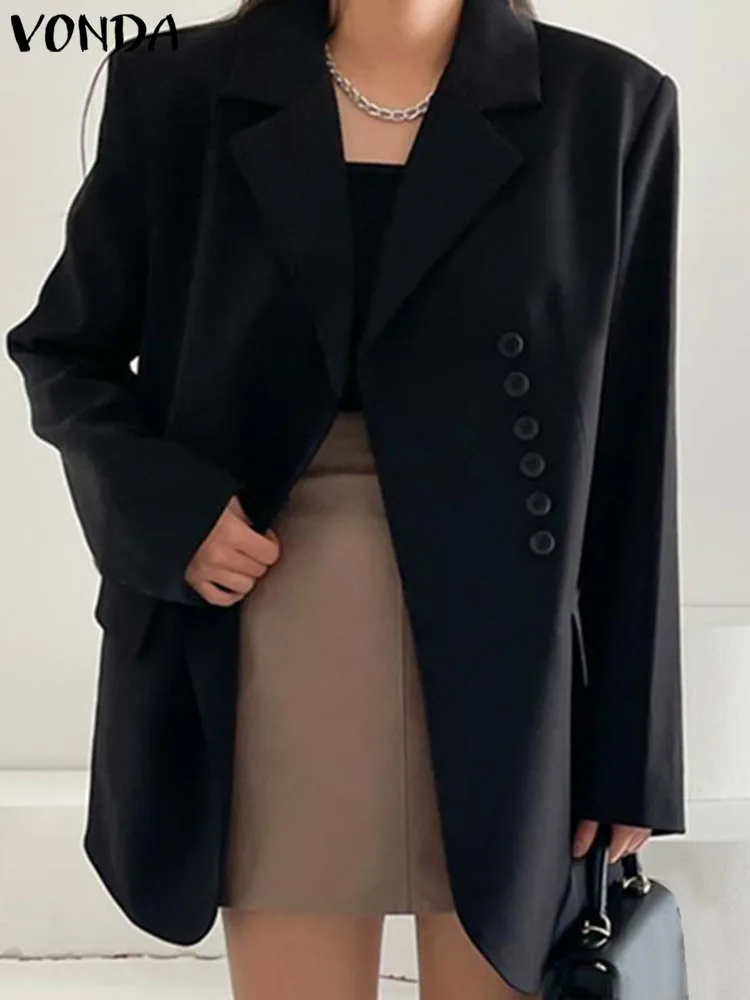 Women Elegant Blazer 2023 VONDA Sexy Lapel Neck Outerwear Casual Long Sleeve Coats Padded Shoulder Button Blazer Feminina