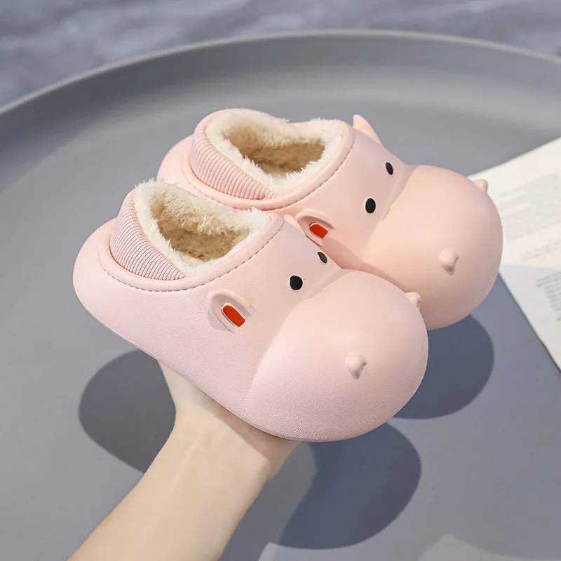 

Cartoon Waterproof Children's Cotton Slippers New Winter Cute Hippopotamus Animal Pattern Boys Girls Warm Plush Outdoor Shoes