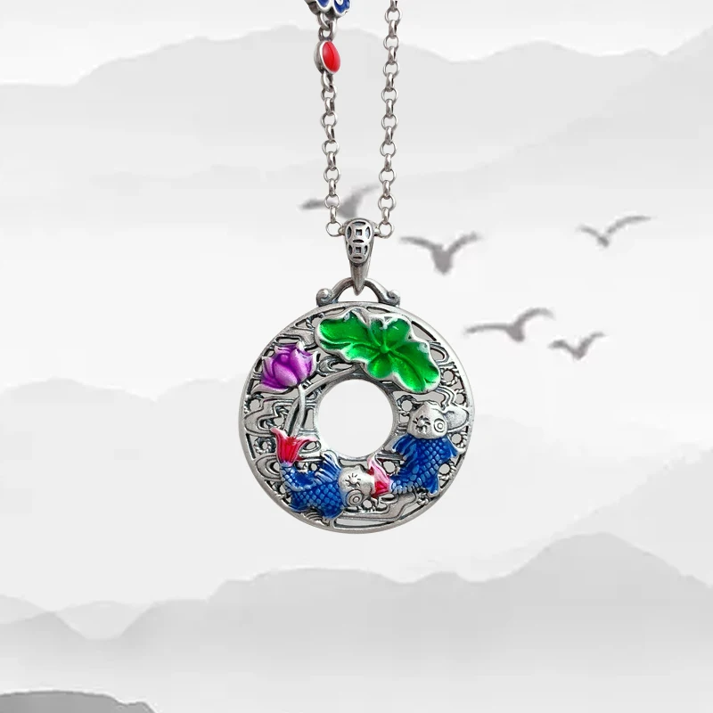 

XiYuan Silver Color Fish Play Lotus More Every Year Safety Buckle Necklace Hollow out Ethnic New Necklace
