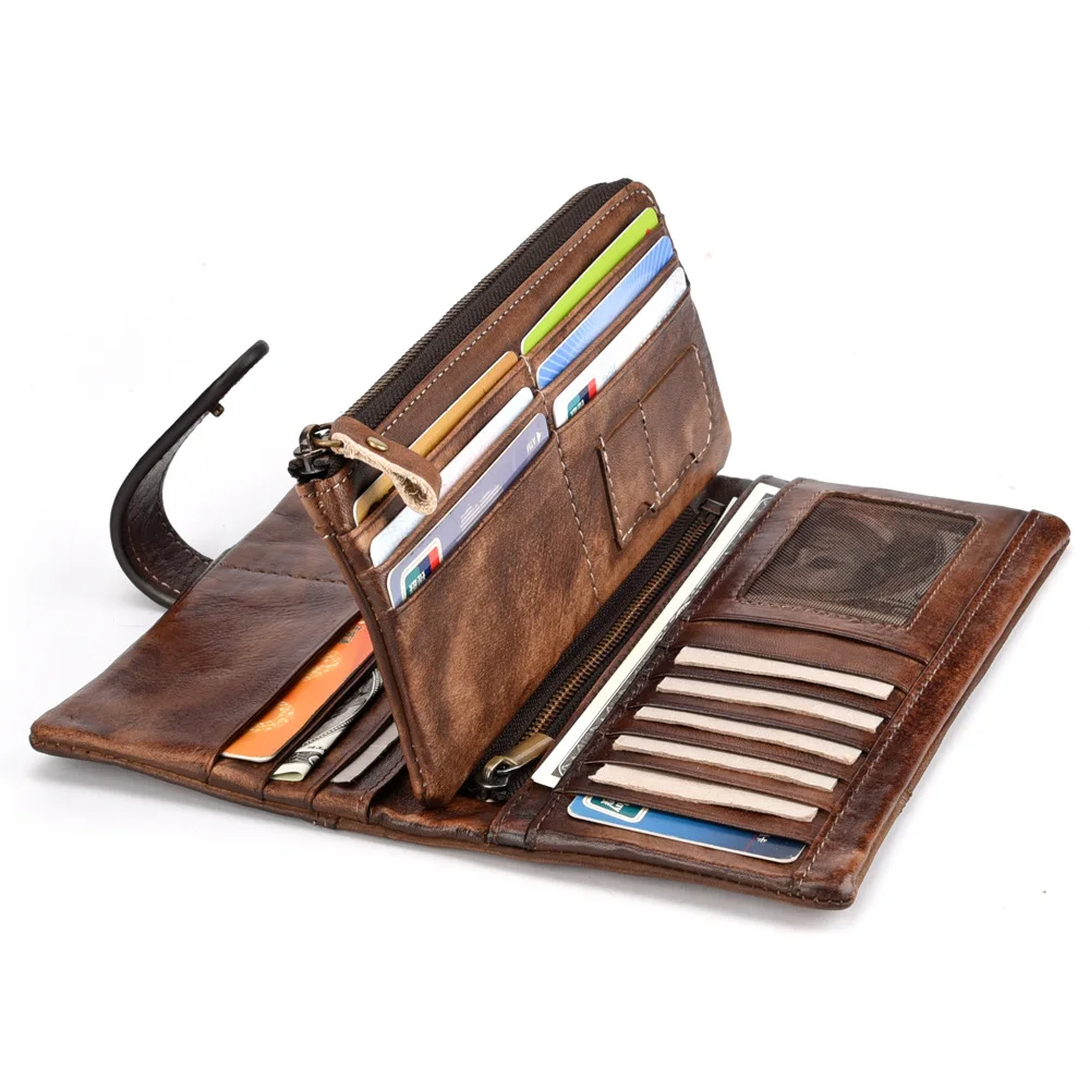 New Vintage Brushed Cowhide Long Leather Wallet With RIFD Function For Man Fashion Splicing Money Bag  With Card Clips