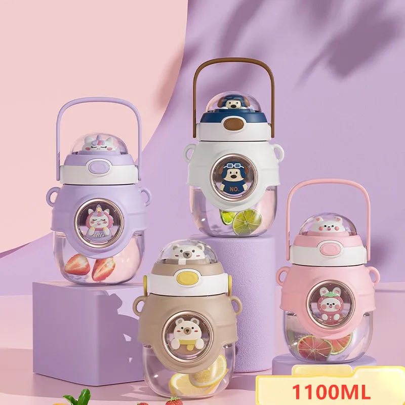 

1100ML Kids Water Bottle Kawaii Plastic Cup with Lid and Straw Cute Cartoon Tumbler for School Girl Portable Leakproof Drinkware