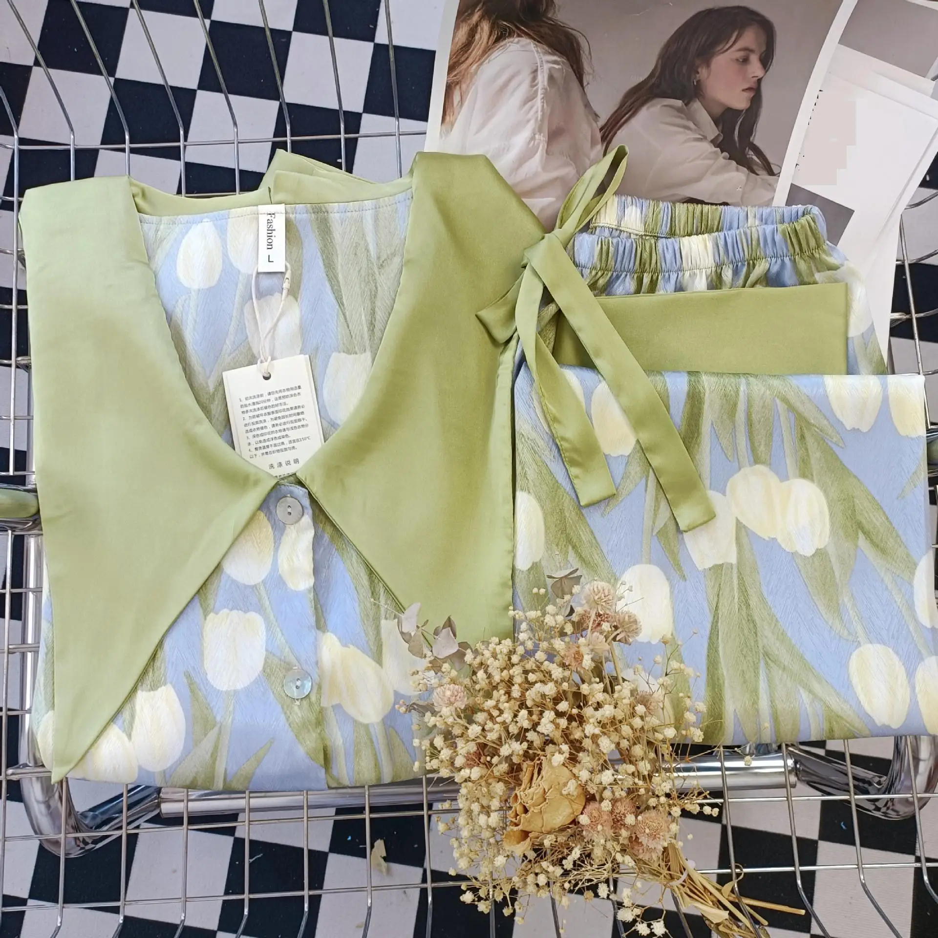 Пижамный костюм с принтом лацканами шелковые вискозные ночные костюмы домашняя