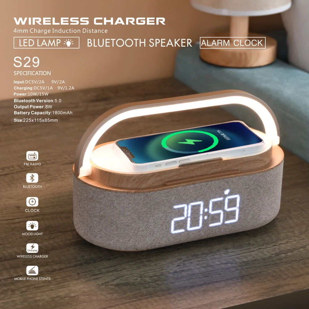 Bluetooth Speaker Snooze Led Display Bedroom Light Wireless 
