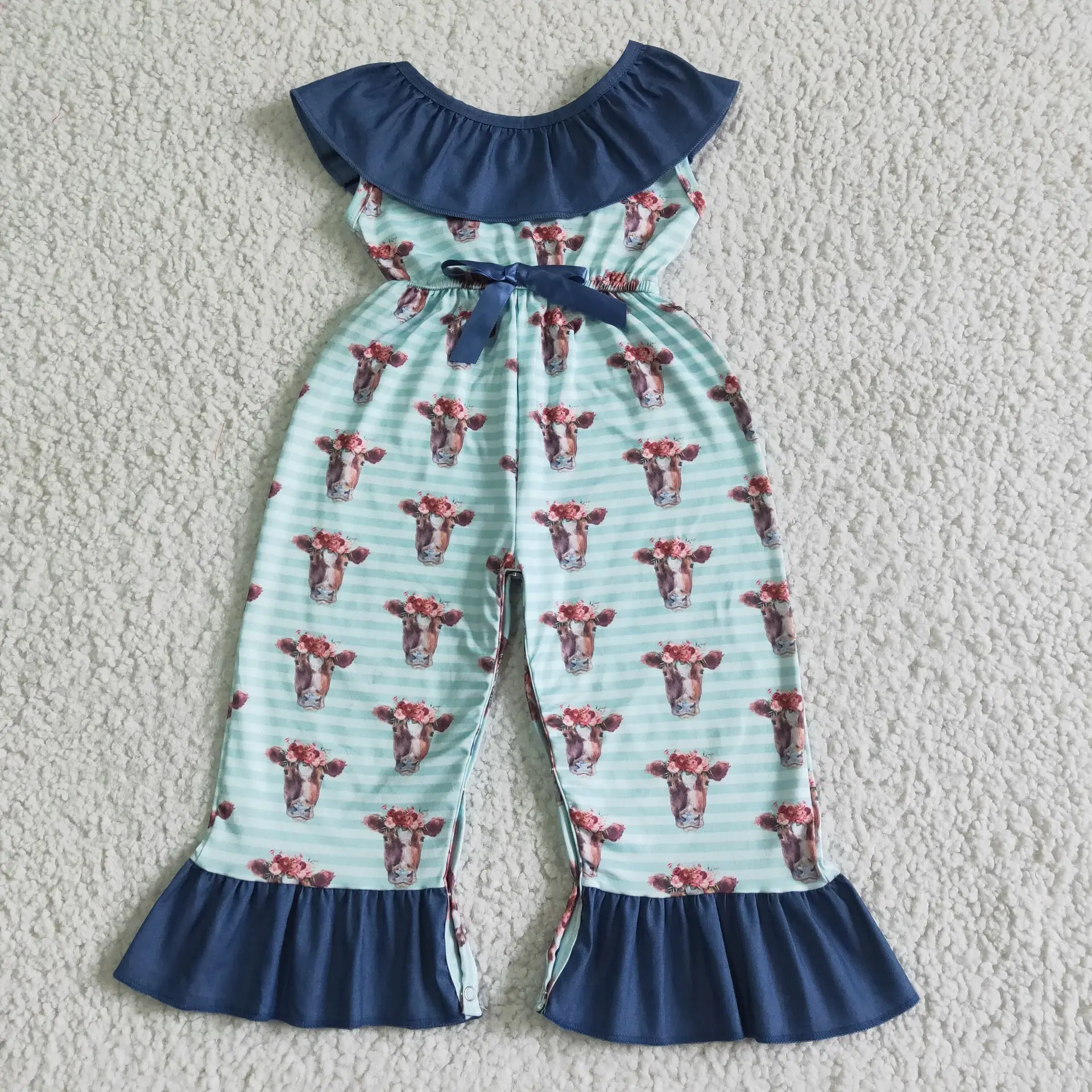 

Boutique new design cow stripe print onesies baby clothes long ruffles pants wholesale jumpsuits kid clothing