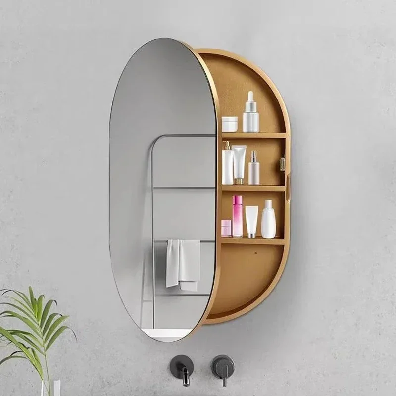 Овальный зеркальный шкаф для хранения в ванной комнате с подсветкой настенный