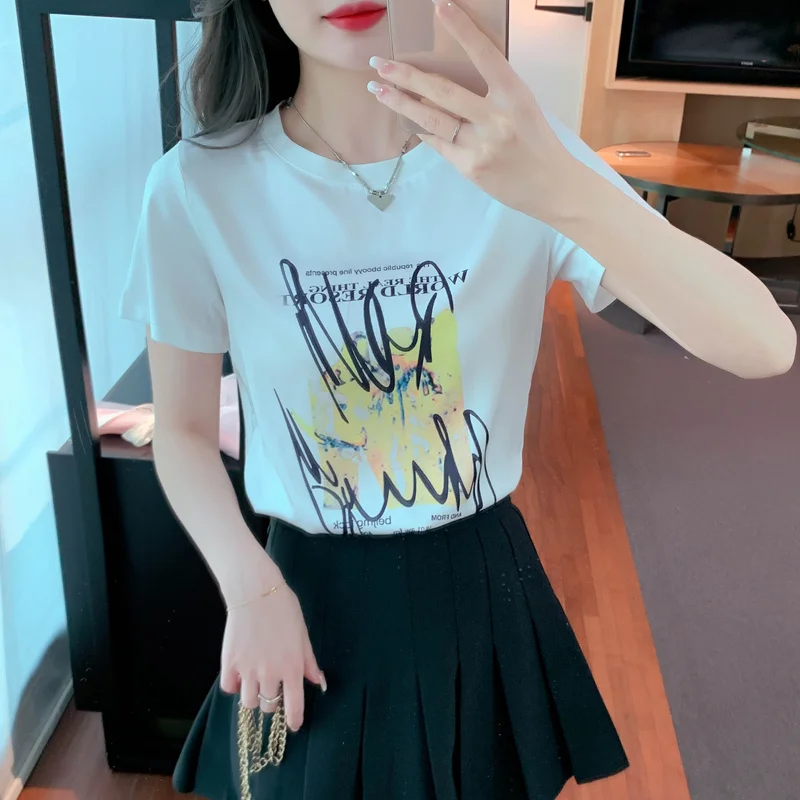 

Женская шелковая футболка, Новинка лета 2022, Повседневная Эластичная облегающая футболка с круглым вырезом и коротким рукавом, топы для дево...