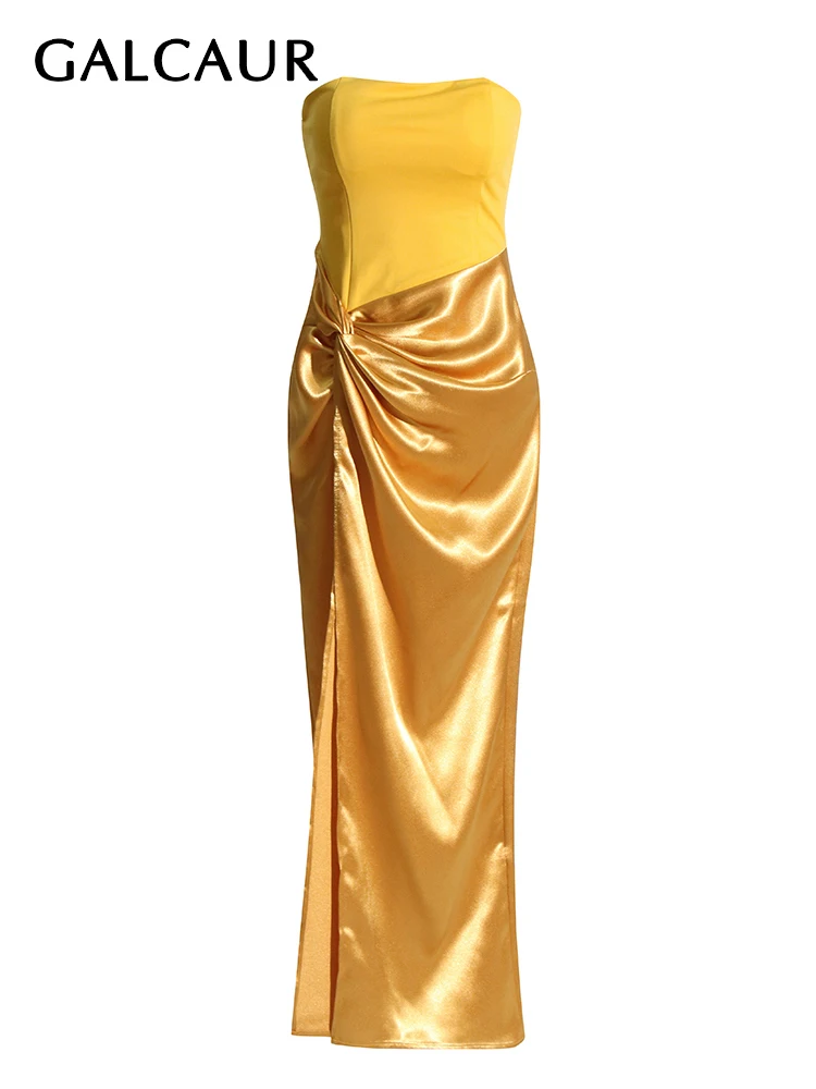 

GALCAUR Sexy Patchwork Folds Slimming Dresses For Women Strapless Sleeveless High Waist Off Shoulder Backless Solid Dress Female