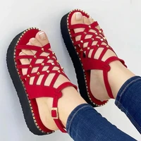 2022 new summer pu leather casual female sandals buckle strap solid leisure platform flat with ankle strap shoes for women