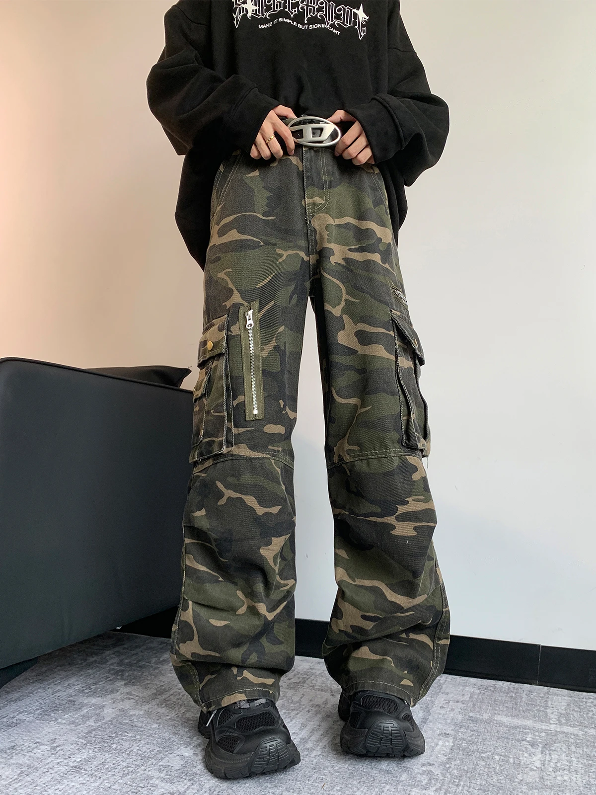 Зеленые женские джинсы с высокой талией в стиле хип-хоп модная винтажная уличная