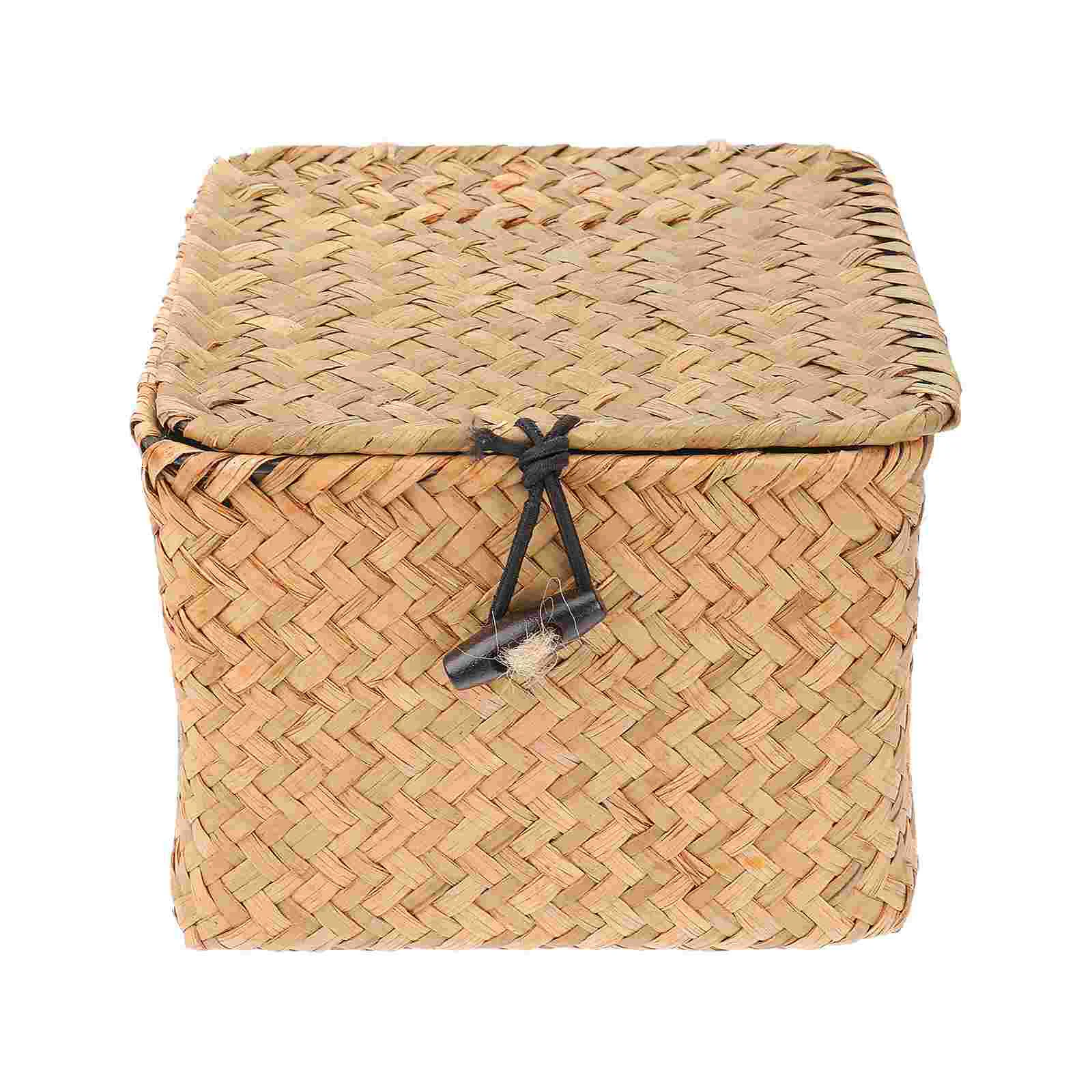 

Basket Storage Boxwoven Straw Wicker Baskets Lid Seagrass Rattan Organizer Lids Tea Bins Seaweed Handwoven Holder Hyacinthmakeup