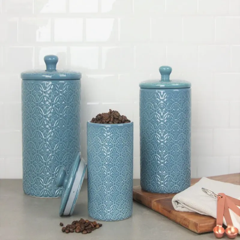 

Gorgeous Embossed 3 Piece Teal Ceramic Canister Set - Perfect for Kitchen Organization & Food Storage.