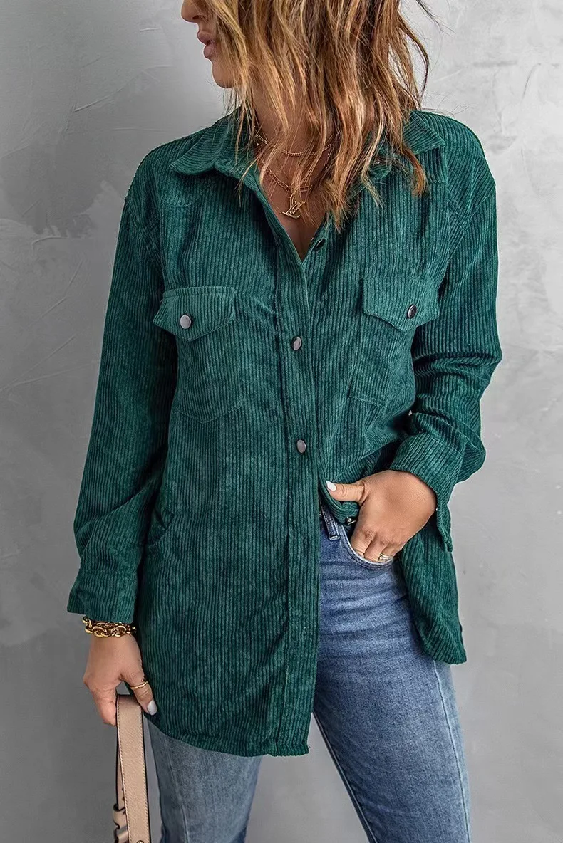 

Autumn And Winter 2023 New Thickened Shirt Corduroy Lapel Button Loose Casual Coat Women Solid Color Single Breasted Jacket