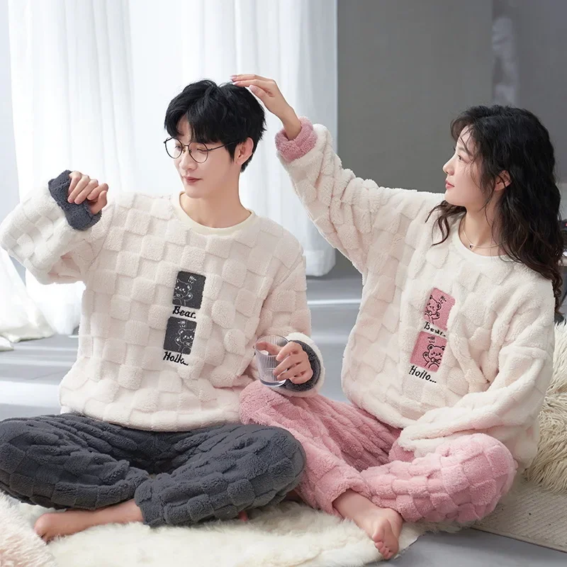 Новинка 2024 зимний пижамный комплект для пары женский теплый флис кораллового