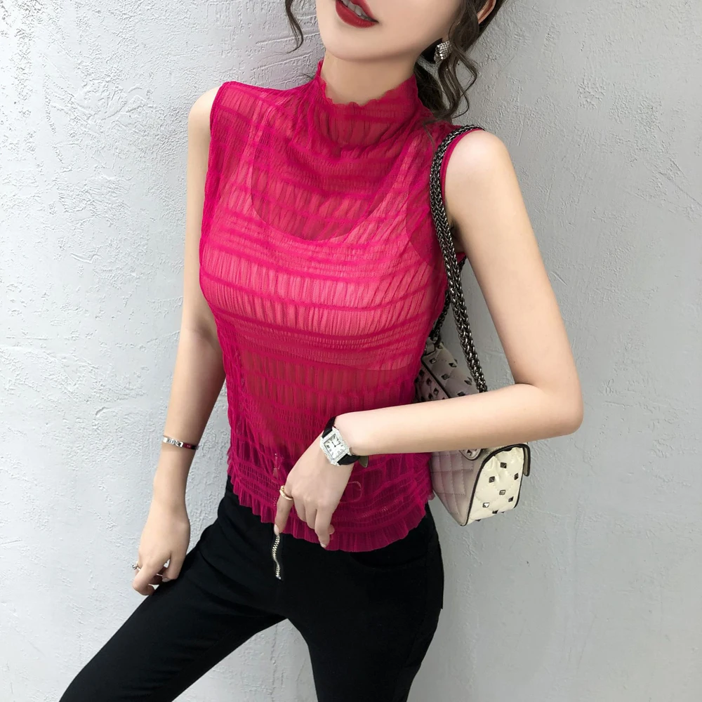 

Women Fashion High Neck Chiffon Vest Top Sleeveless Female Elegant See-through T Shirt Clothing Ladies Casual Underwear Shirts