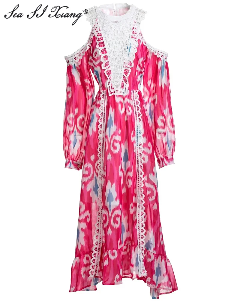 

Seasixiang Fashion Designer Autumn Dress Women O-Neck Off Shoulder Lantern Sleeve Print Vacation Midi Dresses