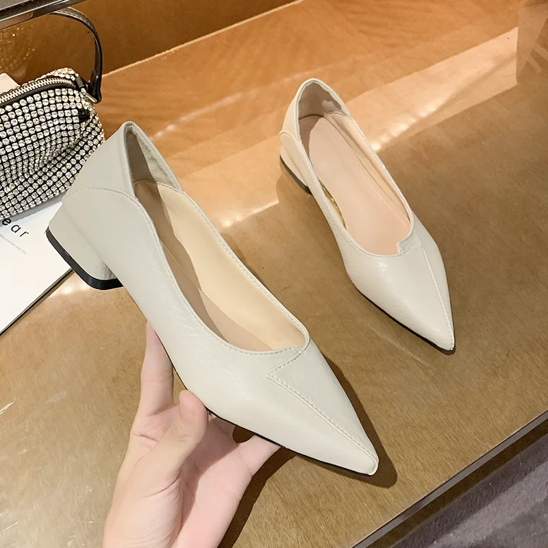 

Женские рабочие туфли с острым носком, Новинка весна-осень 2023, кожаные туфли на толстом каблуке с открытым носком, женские туфли на низком ка...