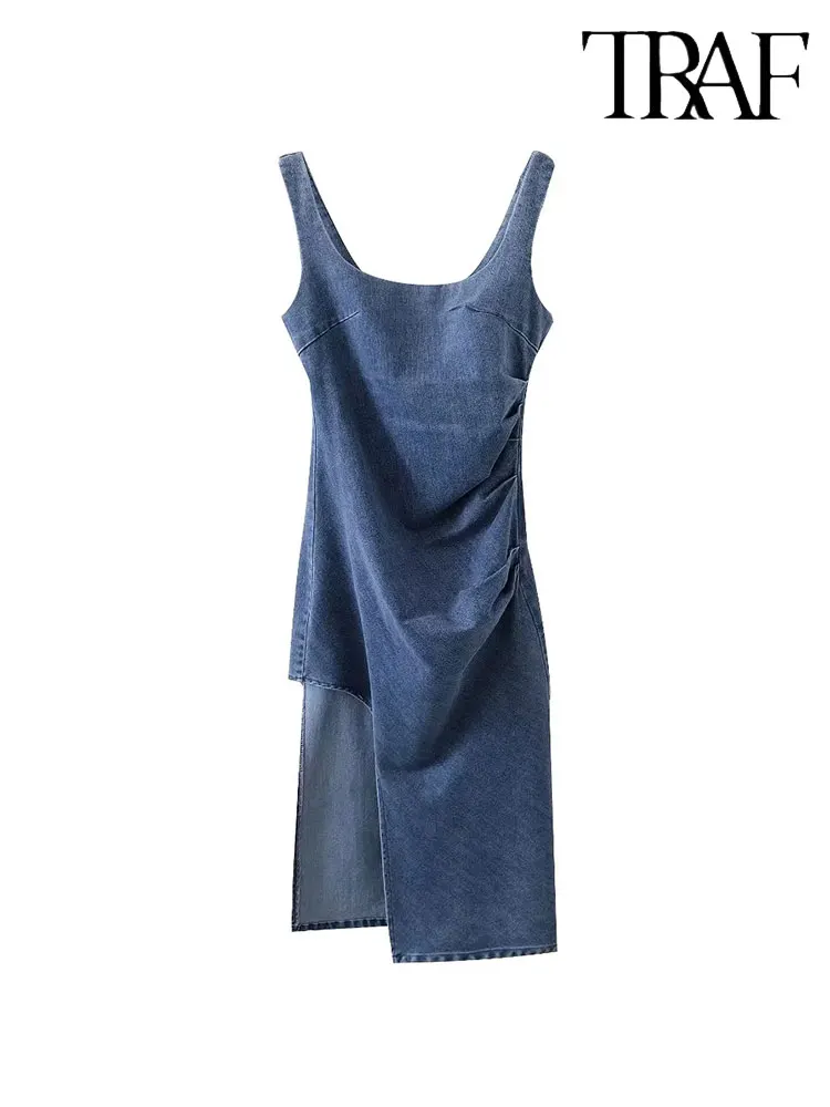 

Платье-миди летнее голубое Ковбойское с открытой спиной и складками