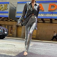 2022 hot silver sparkling suit fashion trend autumn womens street hipster style long sleeved top pencil pants suit