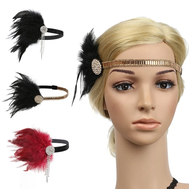 

1920s Glistening Headband for Women Flapper Headpiece Accessories for Gatsby Party Elegant Feather Tassel Headband Weddi