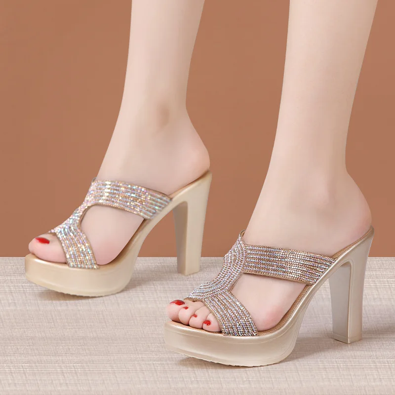 

10cm Big Size 32-43 Rhinestone Wedding Shoes Gold Thick Bottom Slippers 2023 Summer Women's Block High Heels Slides Model Office