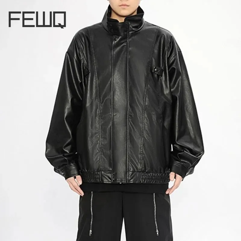 

FEWQ Men's Jacket American Street PU Leather Trendy Design 2023 Vintage Zipper Casual Male Coat Solid Color Male Tops 24X1921