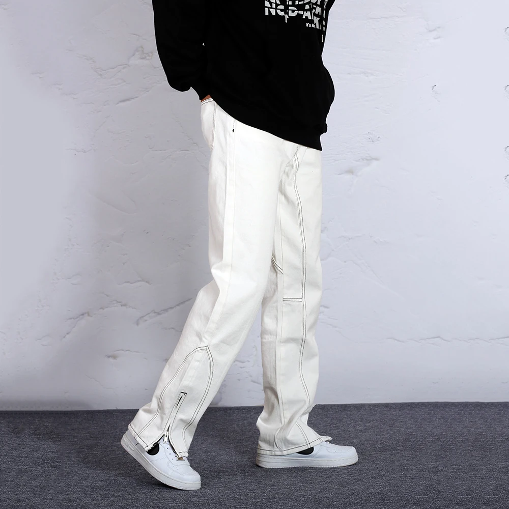 

Four Seasons High Street Men's White Jeans Topstitched Zipper Loose Straight Casual Trousers Niche Pants Streetwear Ins Hot Sale
