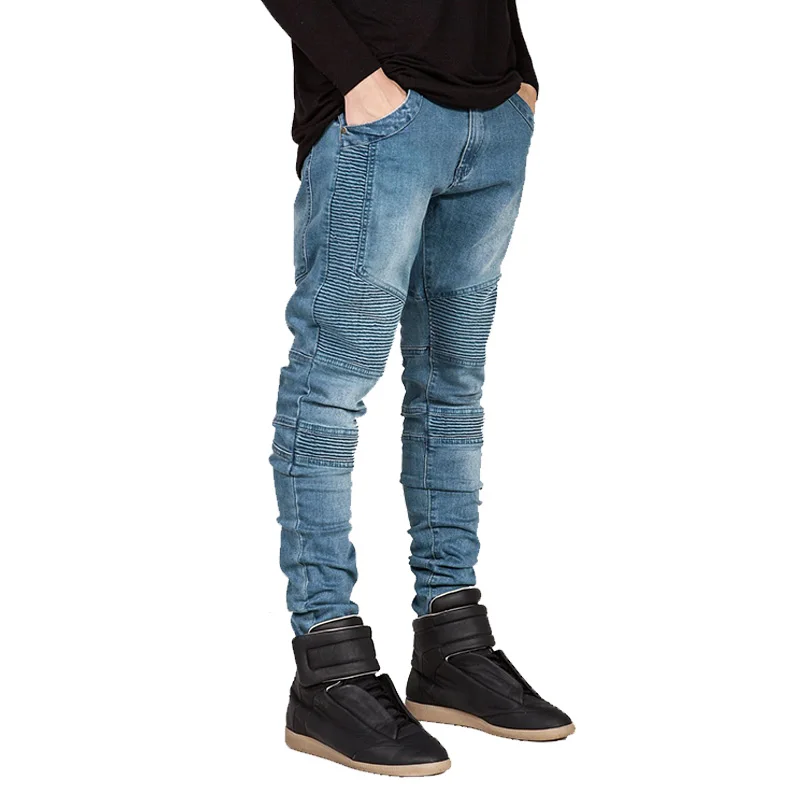 Motorcycle Pants Pleated Slim Pencil Pants Men Jeans Solid Color Skinny Jeans Men Streetwear Full Length Casual Trousers