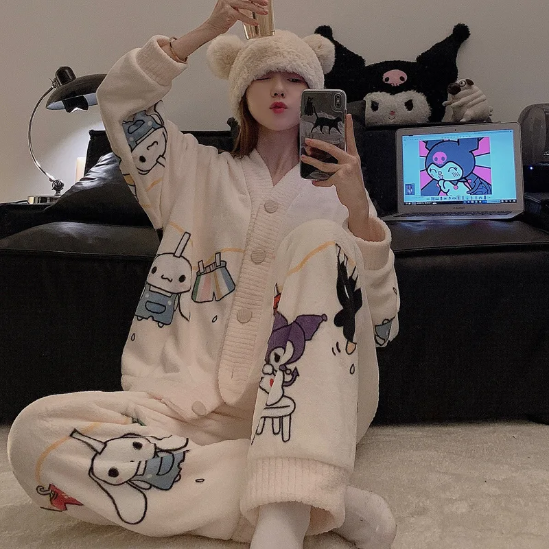 Women Fashion 2Pcs Suit Winter Warm Cardigan Cartoon Sweet Flannel Pajamas Set Home Clothes Female Fleece Thicken Soft Sleepwear
