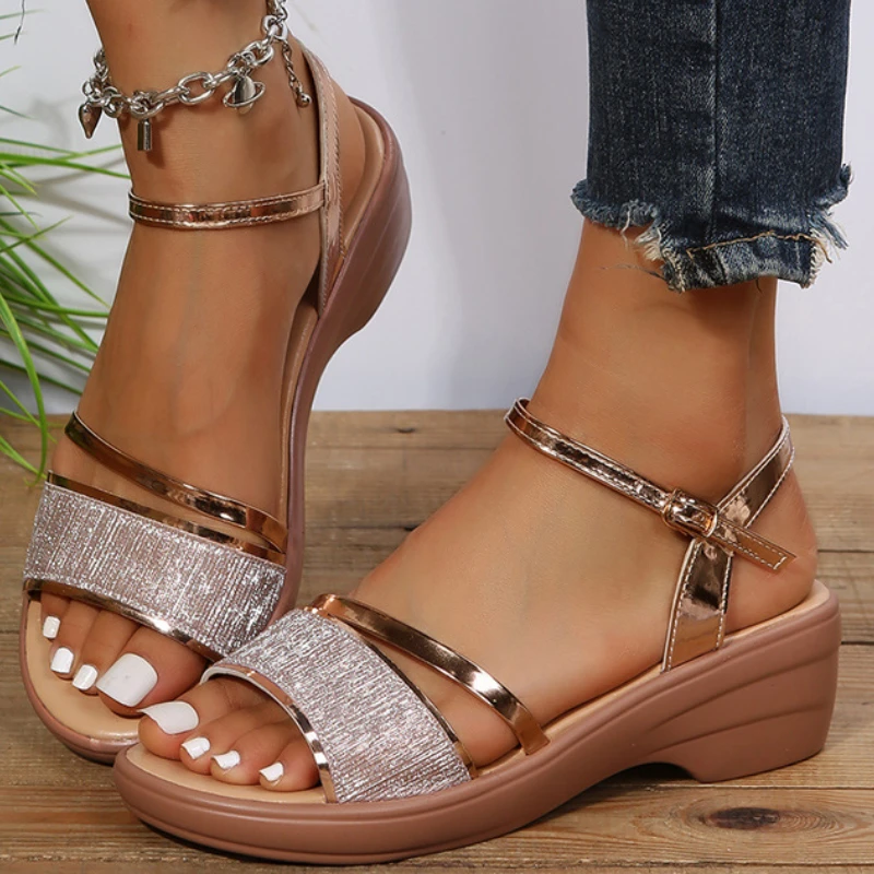 

Women's Sandals Summer Fish Mouth Wedges Shoes Round Head Large Size Anti-slip Lightweight Beach Slippers Sandalias De Mujer